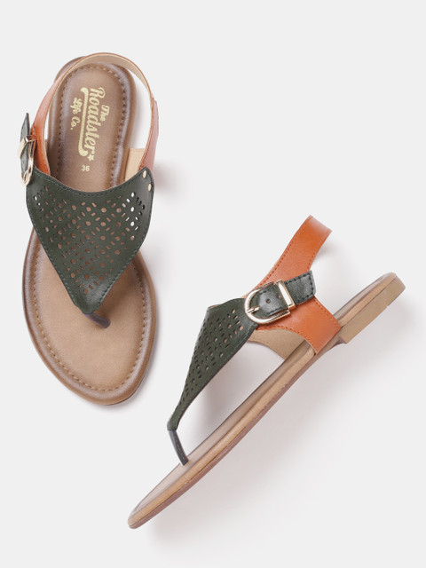 

Roadster Women Green & Tan Brown Solid Open Toe Flats with Laser-Cut Detail