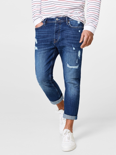 

ESPRIT Men Blue Relaxed Fit Mid-Rise Mildly Distressed Cropped Stretchable Jeans