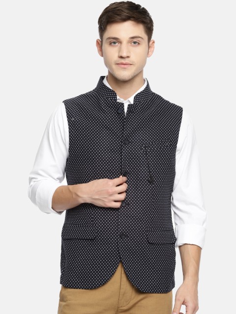 

Blackberrys Men Navy & White Woven Design Slim Fit Nehru Jacket, Navy blue