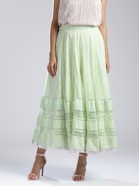 

W Green Floral Print Maxi Flared Net Pure Cotton Skirt