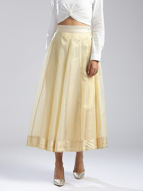 

Wishful by W Women Beige & Golden Self-Striped Maxi Flared Skirt