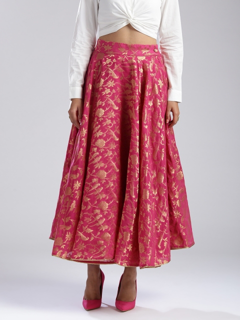 

WISHFUL by W Women Pink & Golden Woven Design Maxi Flared Skirt