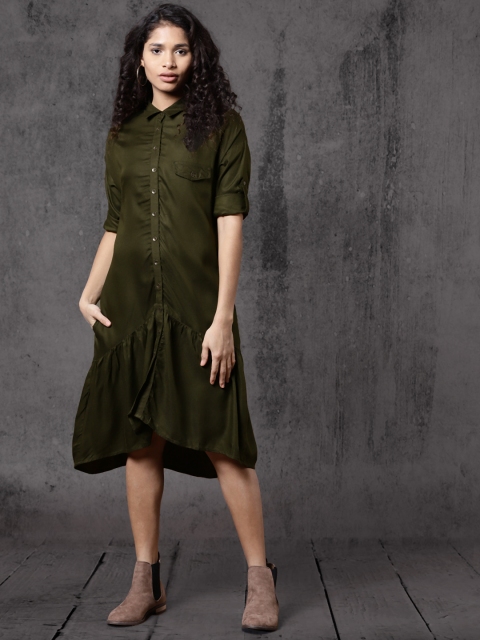 

Roadster Women Olive Green Solid Shirt Dress
