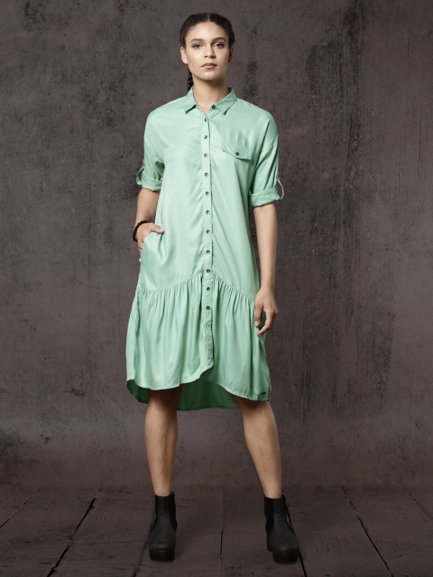 

Roadster Women Green Solid Shirt Dress