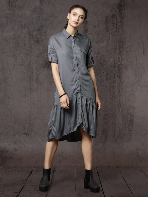 

Roadster Women Charcoal Grey Solid Shirt Dress
