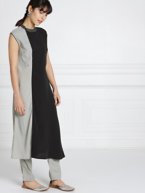 

all about you Women Grey & Black Colourblocked A-Line Kurta