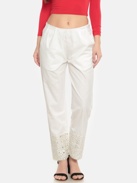 

De Moza Women Off-White Solid Regular Trousers