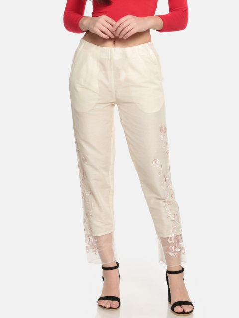 

De Moza Women Off-White Straight Fit Solid Regular Trousers