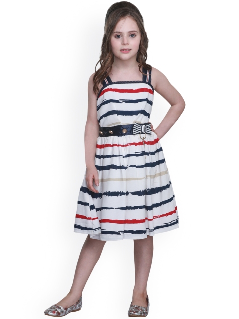 

CUTECUMBER Girls White Striped Fit and Flare Dress