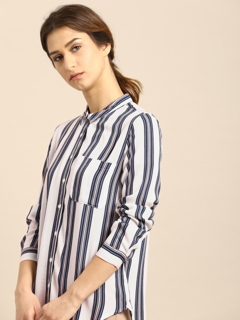 

ether Women White & Blue Regular Fit Striped Casual Shirt