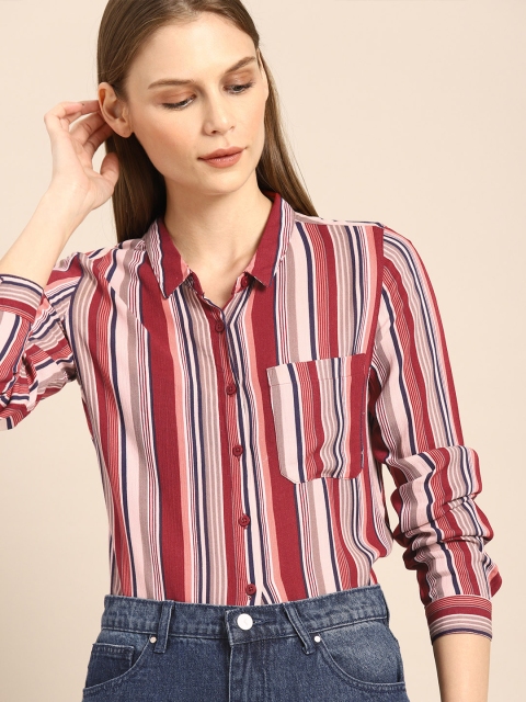 

ether Women Maroon & Navy Regular Fit Striped Casual Shirt