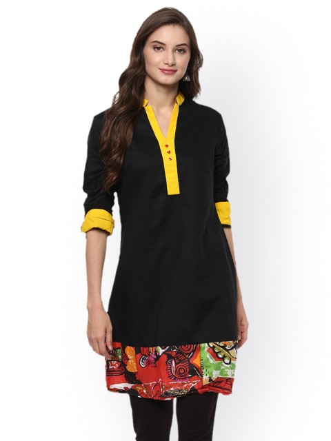 

Pannkh Women Black Printed Straight Kurta