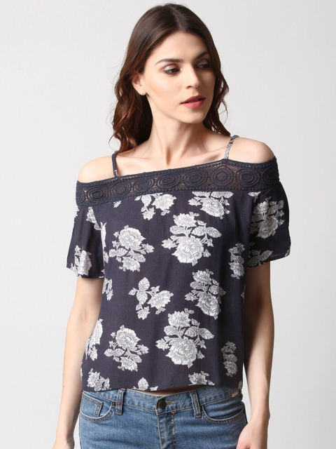 

RARE Women Blue & Grey Printed Bardot Top