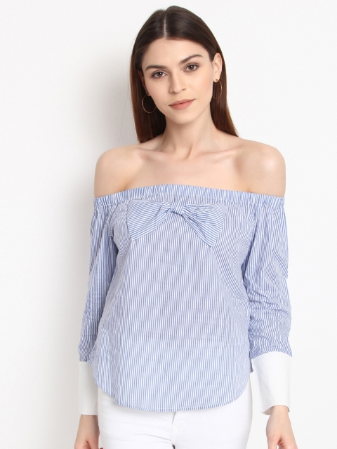 

RARE Women Blue Striped Bardot Top