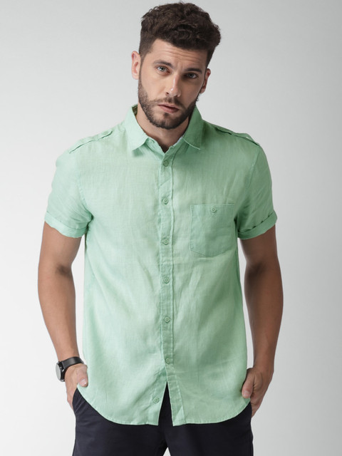 

Celio Men Mint Green Regular Fit Solid Casual Pure Linen Sustainable Shirt