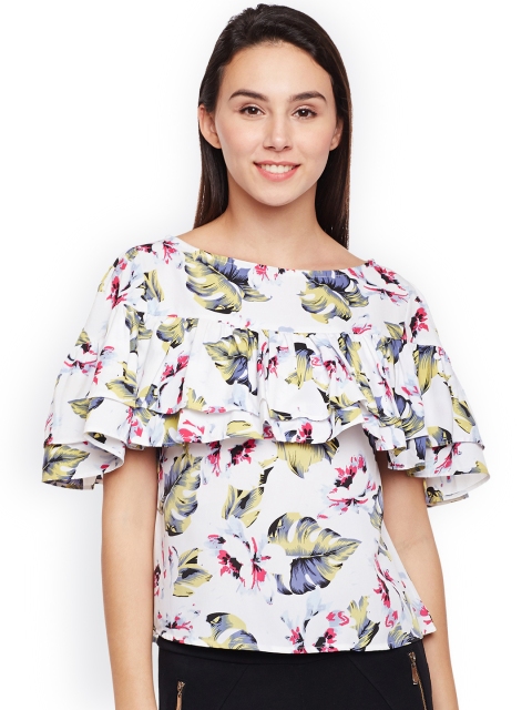 

Ruhaans Women White Tropical Print A-Line Top