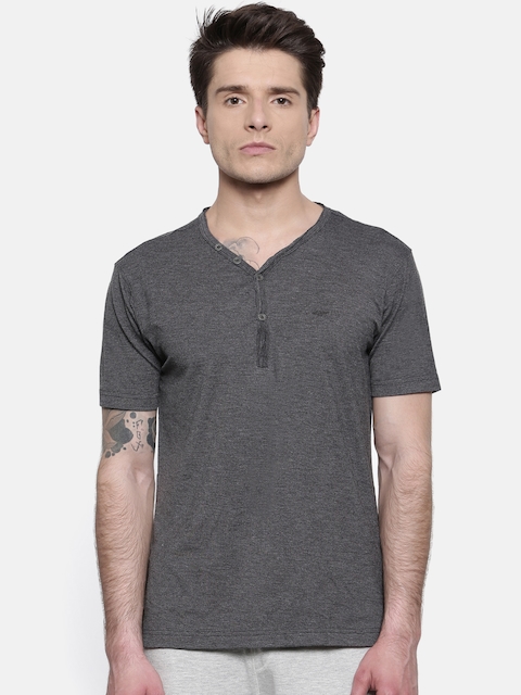 Park Avenue Men Charcoal Grey Solid Henley Neck Lounge T-shirt PZUC00177