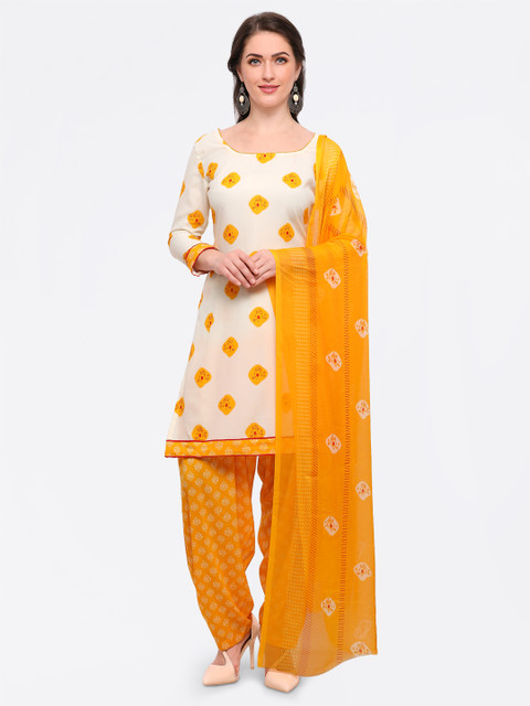 

Satrani Cream-Coloured & Yellow Poly Crepe Unstitched Dress Material