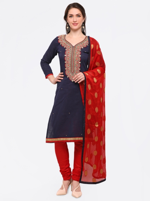 

Satrani Navy Blue & Red Cotton Blend Unstitched Dress Material