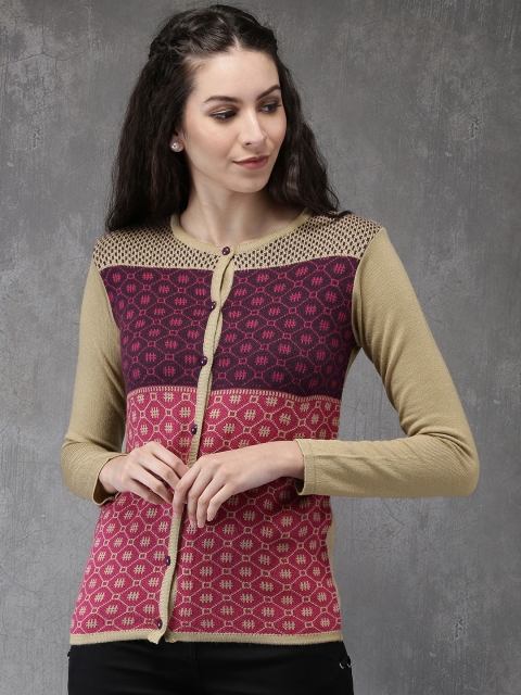 

Anouk Women Beige & Purple Self Design Knitted Cardigan