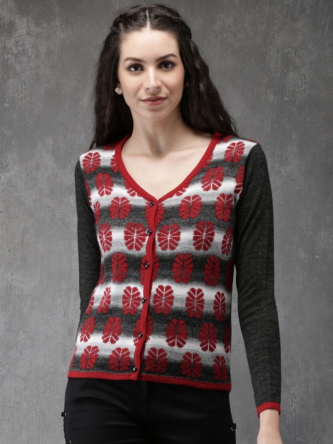 

Anouk Women Charcoal Grey & Red Self Design Knitted Cardigan