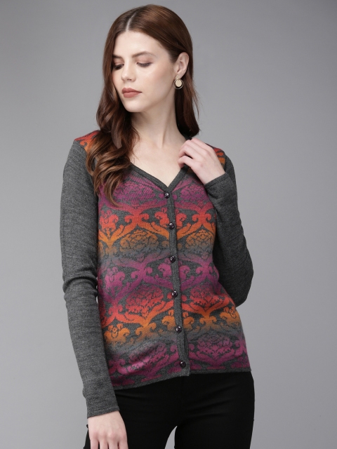 

Anouk Women Charcoal Grey & Pink Self Design Knitted Cardigan