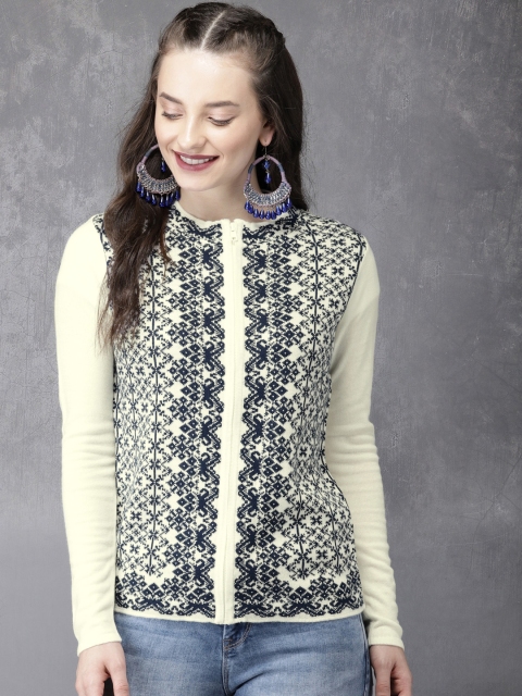 

Anouk Women Off-White & Navy Self Design Cardigan