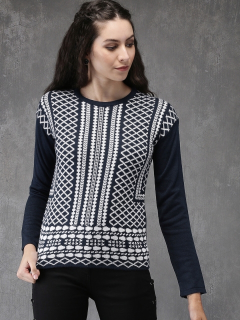 

Anouk Women Navy & White Self Design Knitted Pullover, Navy blue