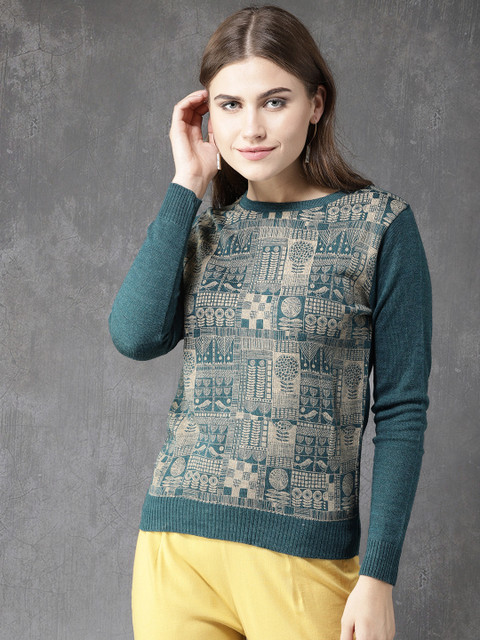 

Anouk Women Teal Blue & Beige Printed Pullover