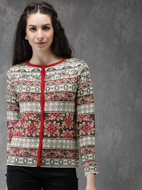 

Anouk Women Red & Off-White Self Design Knitted Cardigan