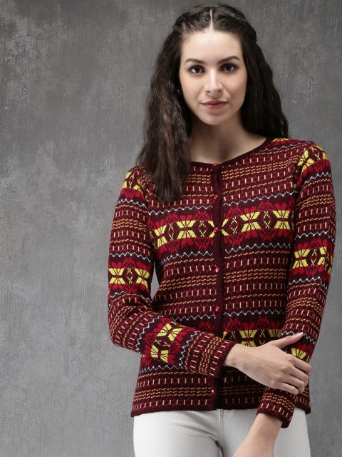 

Anouk Women Maroon & Yellow Self Design Knitted Cardigan