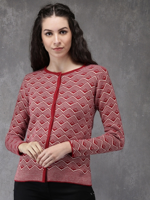 

Anouk Women Red & White Self Design Knitted Cardigan
