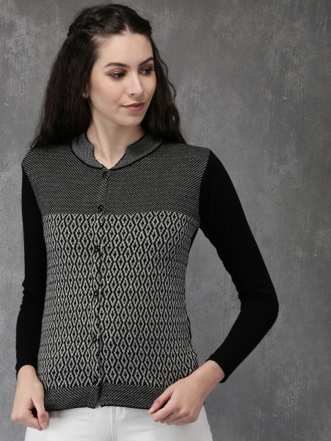

Anouk Women Grey & Black Self Design Knitted Cardigan