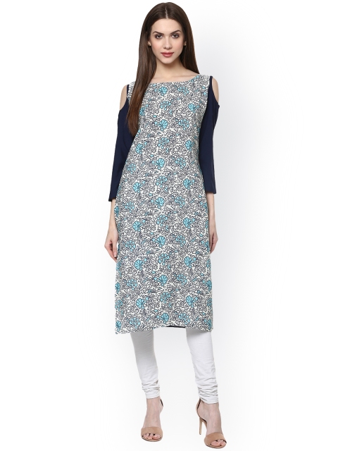 

ZIYAA Women Blue & Off-White Printed Straight Kurta