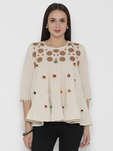 

Shree Women Off White Cotton Embroidered Tunic
