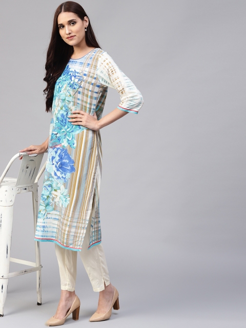 

Shree Women Blue & Off-White Rayon Printed Straight Kurta