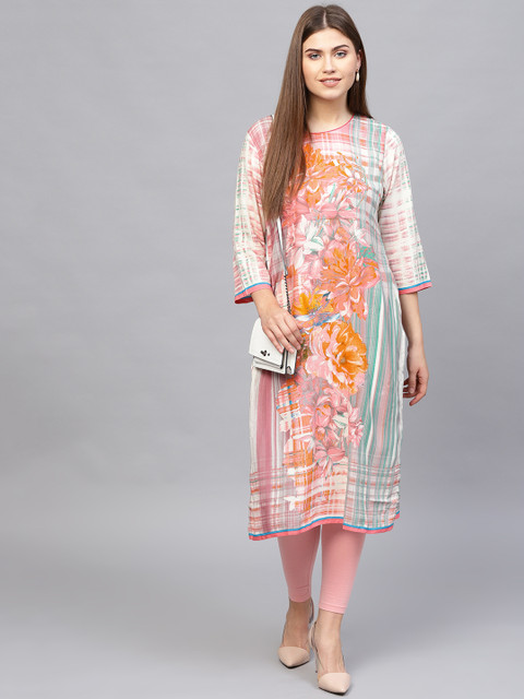 

Shree Women Off-White & Peach Rayon Printed Straight Kurta