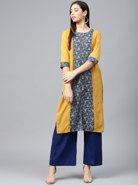

Shree Women Mustard Yellow & Navy Blue Rayon Printed Straight Kurta