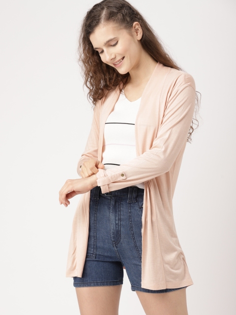 

DressBerry Peach-Coloured Solid Open Front Longline Shrug