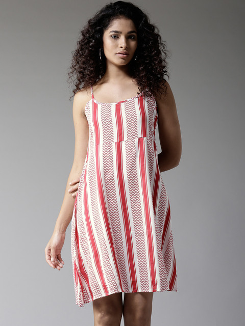 

HERE&NOW Women Red & Off-White Striped Empire Dress