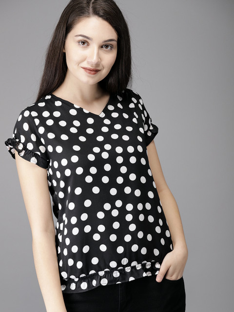 

HERE&NOW Women Black & White Printed Blouson Top