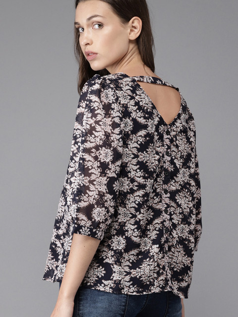 

HERE&NOW Women Navy Blue Printed Styled Back Top