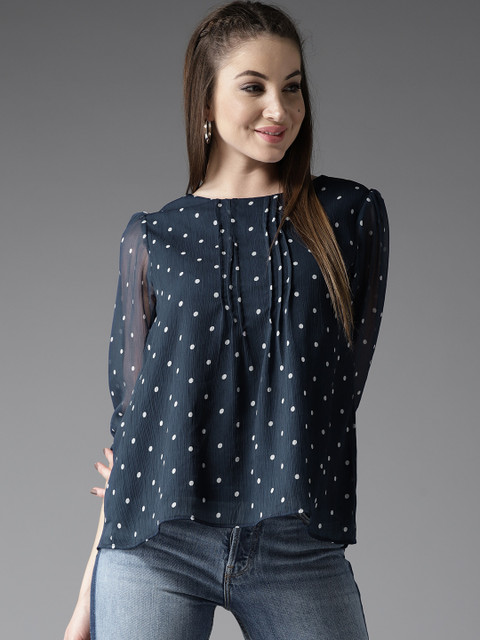 

HERE&NOW Women Navy Blue Printed Styled Back Top