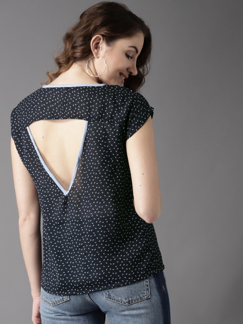 

HERE&NOW Women Navy Blue Printed Styled Back Top