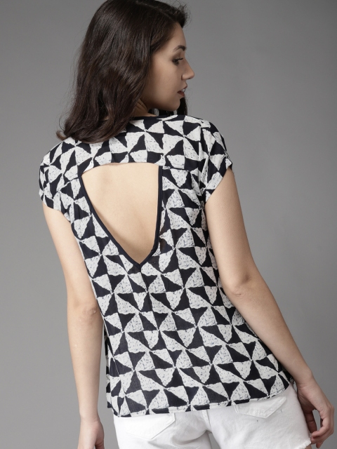 

HERE&NOW Women White & Navy Printed Styled Back Top