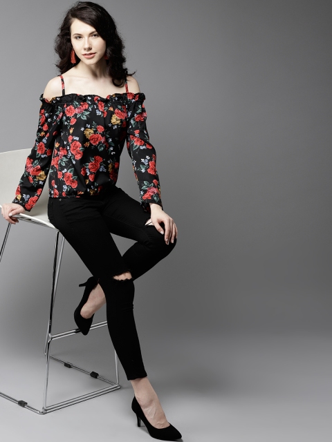 

HERE&NOW Women Black Printed Bardot Top