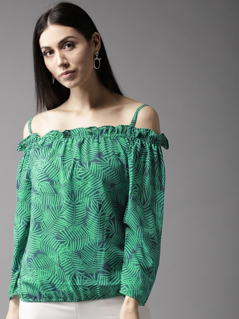 

HERE&NOW Women Green & Blue Printed Blouson Bardot Top