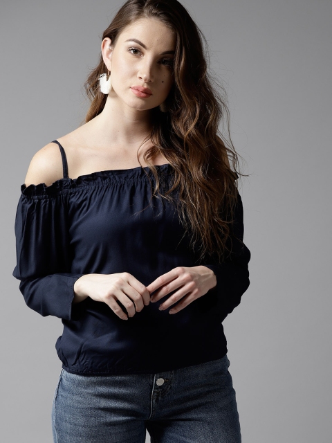 

HERE&NOW Women Navy Blue Solid Bardot Top