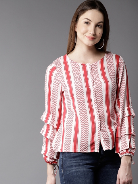 

HERE&NOW Women Red & White Striped Shirt Style Top