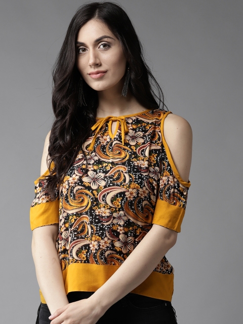 

HERE&NOW Women Mustard Yellow & Black Printed Top